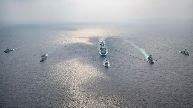 Ships sail in formation during the exercise.