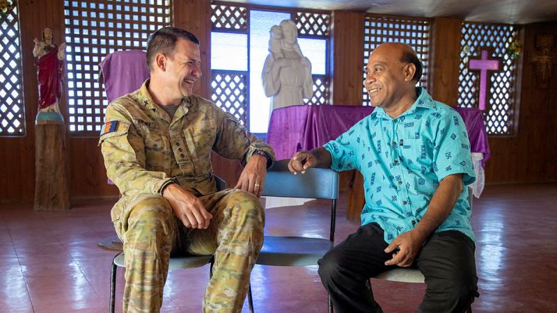 Army Chaplain Luke Drury with Father Iona Tatau, Catholic Vicar General at the Nawra Diocesan priest's chapel, Teaoraereke, Kiribati. Photo: Petty Officer Bradley Darvill