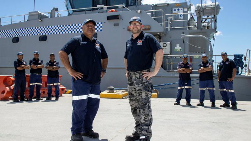 Technical Adviser to the Kiribati Police Service Maritime Unit Chief Petty Officer Lyndon Quirke, right, and Commanding Officer RKS Teanoai II Superintendent Tom Redfern at Tarawa, Kiribati. Photo: Petty Officer Bradley Darvill