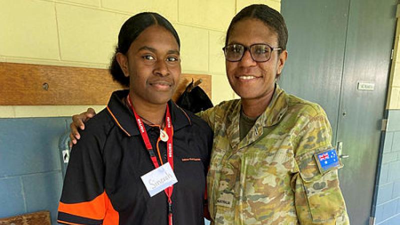Student Sinevah Mari met up with her aunt, 51st Far North Queensland Regiment's Private Elaine Gamia, while on the Defence Work Experience Program at Porton Barracks. Photo: Nel Archer