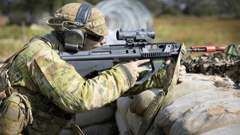 An Air Force officer trainee takes part in the field phase of the officer training course at Dutson Air Weapons Range, East Sale. Photo: Private Nicholas Marquis