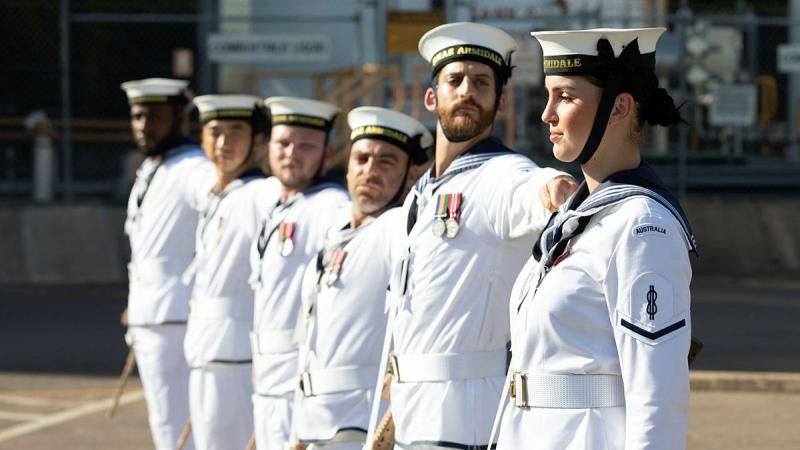 The ceremonial guard dress left during the decommissioning ceremony for HMAS Armidale at HMAS Coonawarra in Darwin. Photos: Petty Officer Peter Thompson