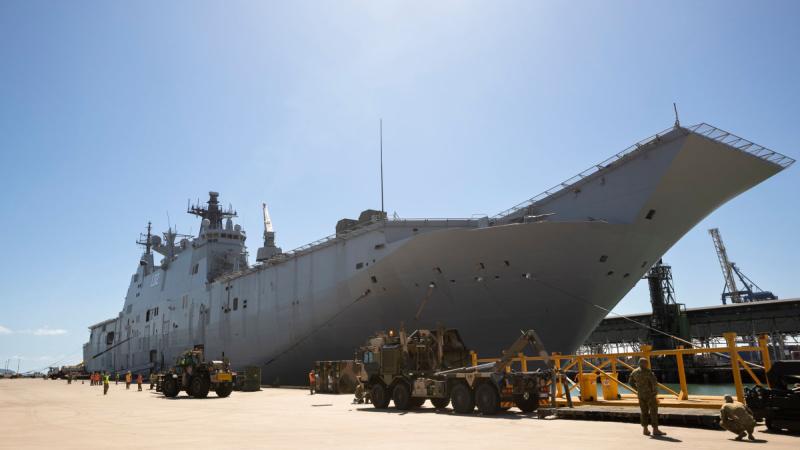 HMAS Canberra berthed at the Port of Townsville, Queensland, after returning from Operation Vanuatu Assist 23. Photo: Lance Corporal Riley Blennerhassett