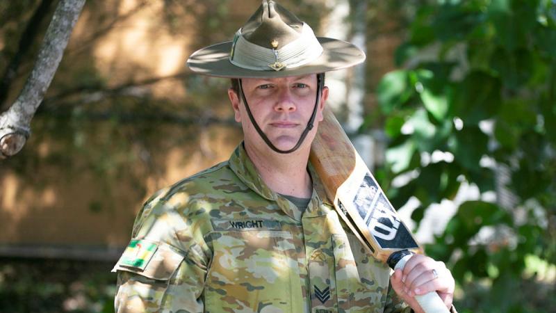 Sergeant Beau Wright, 7th Brigade Commander's XI Cricket Captain, prepares for the annual Anzac Day Shell Green match against the Lord Mayors XI. Photo: Major R Brennan