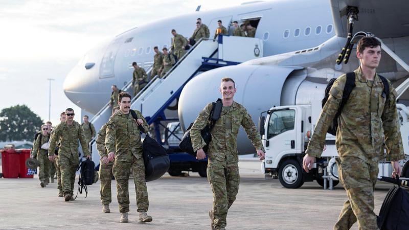 Australian Army soldiers disembark an Air Force KC-30A multi-role tanker transport after arriving at RAAF Darwin, following their deployment to the UK on Operation Kudu. Photo: Corporal Jonathan Goedhart