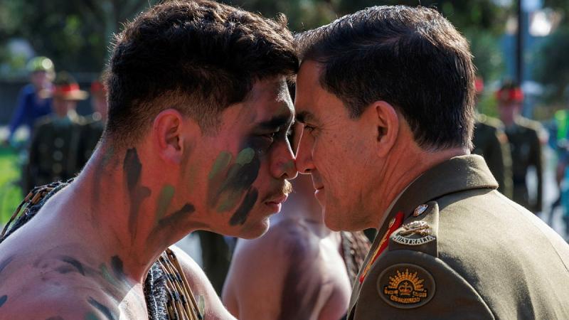  Chief of Army, Lieutenant General Simon Stuart, shares a hongi with a member of the New Zealand Defence Force during his visit to Wellington. Photo: Corporal Cameron Pegg