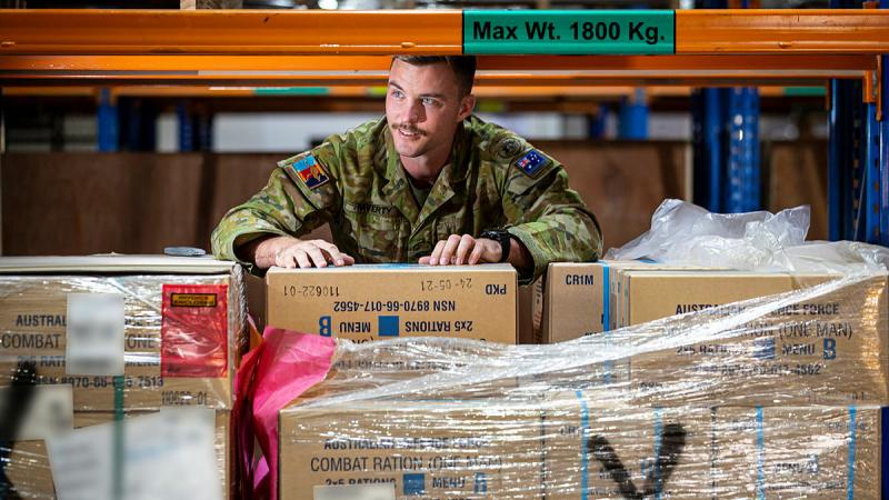 Corporal Liam Haverty is a warehouse manager deployed on Operation Accordion at Australia’s operating base in the Middle East Region. (This image has been digitally altered for operational security purposes). Photo: Corporal Melina Young