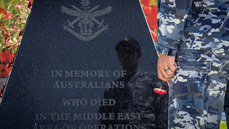 Flying Officer Aiden Pattison is a project engineer serving on Operation Accordion during Anzac Day 2023, in the Middle East. Photo: Corporal Melina Young