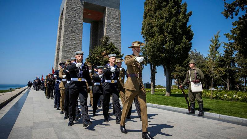 ADF personnel from Australia's Federation Guard march during the Turkish commemoration on the Gallipoli Peninsula.