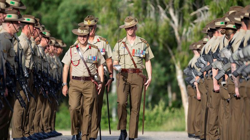 3rd Brigade Commander, Brigadier David McCammon inspecting soldiers from 3 RAR on Kapyong parade.