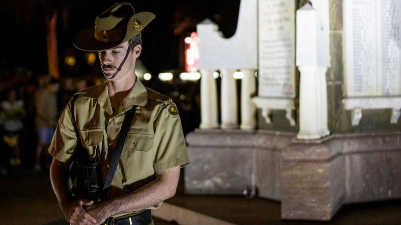 An Army sapper from 3rd Combat Engineer Regiment stands at rest as a part of the catafalque party during the dawn service at ANZAC Park, Townsville. Photos: Corporal Brandon Grey