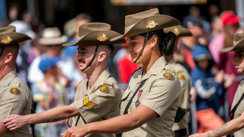 Soldiers from the 7th Brigade march during the Anzac Day 2023 parade in Brisbane City, Queensland. Photo: Private Thomas de Weger