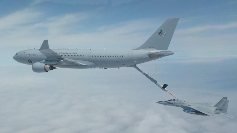 A Royal Australian Air Force KC-30A Multi-Role Tanker Transport conducting refuelling trials with a Japan Air Self-Defense Force F-15J Eagle.