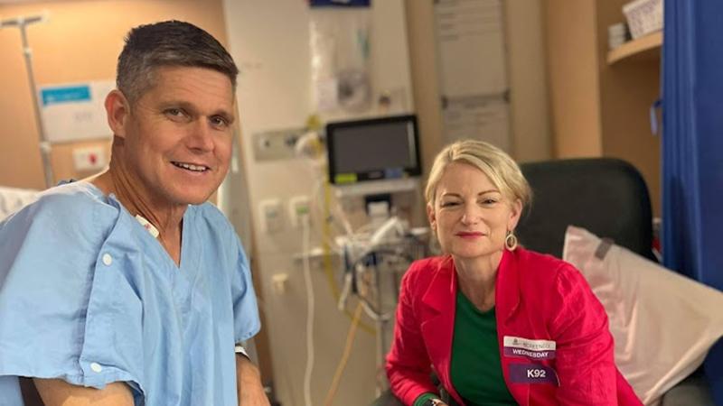 Squadron Leader Mark Oksanen with wife Joanne after transplant surgery in Perth in July last year.