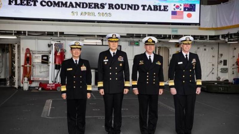 Left to right: Japan Maritime Self-Defense Force Commander In Chief, Self-Defense Fleet Vice Admiral Saito Akira; Republic of Korea Navy, Commander, Republic of Korea Fleet Vice Admiral Kim Myung-soo; Royal Australian Navy Commander, Australian Fleet Rear Admiral Chris Smith; and Commander, U.S. 7th Fleet Vice Admiral Karl Thomas at the 2023 Fleet Commanders’ Roundtable Discussion in the Republic of Korea. Photo: MC1 Reymundo A. Villegas III/ U.S. Navy