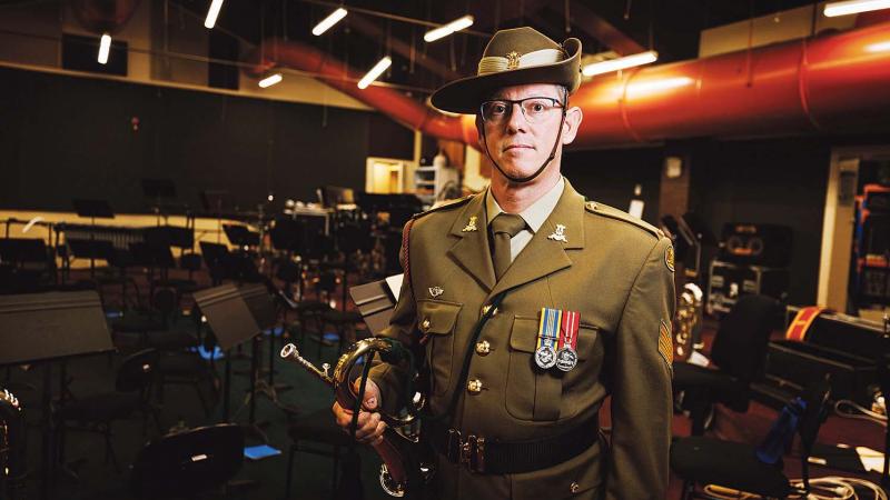 Sergeant Danny Dielkens, in the practice room of the Band of the Royal Military College, Duntroon. Photo: Sergeant Oliver Carter