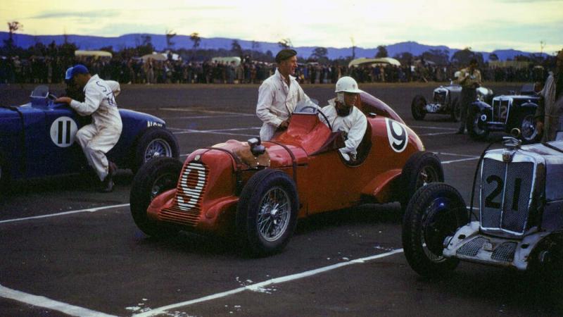 1948 - Alf Najar in his MG TB Monoposto number nine lines up for a start in the Australian Grand Prix. Photo: Stanton Najar, sourced from from the speedway and road race history website