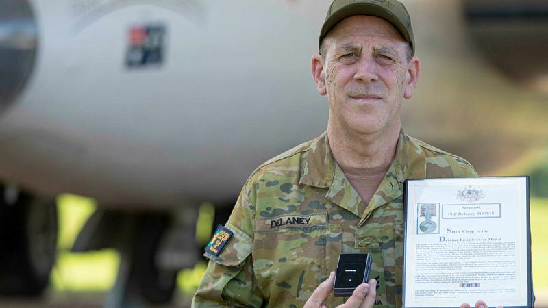 Sergeant Peter Delaney received his 2nd Federation Star and sixth Clasp to his Defence Long Service Medal for 45 years of Air Force service. Photo: Leading Aircraftwoman Taylor Anderson