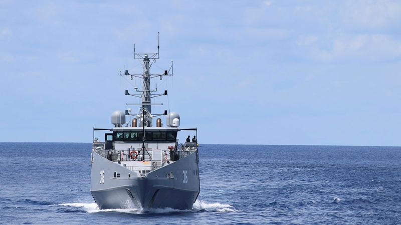 Australian Defence Vessel Cape Naturaliste in station astern of HMAS Broome upon completion of officer of the watch manoeuvres. Photos: Acting Sub-Lieutenant Elise Cowley