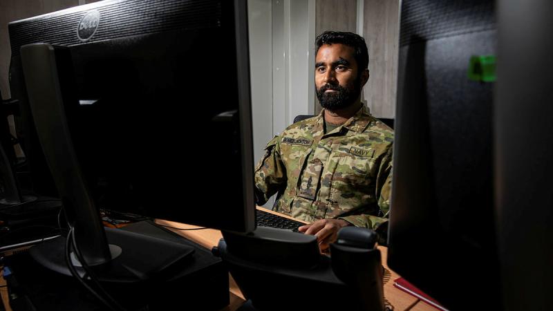 Able Seaman Akshay Gomez-Jackson, a network technician from HMAS Stirling is deployed on Operation Accordion in the Middle Eastern Region. Photo: Corporal Melina Young
