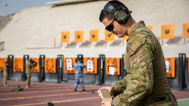 Australian Army Captain David Box runs range practice during Operation Accordion at Australia’s operating base in the Middle East Region. Photos: Corporal Melina Young