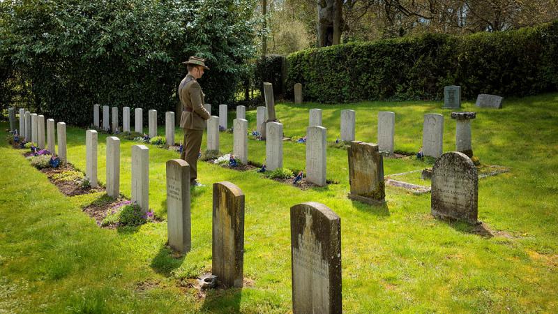Commander Australian Contingent Operation Kudu, Major Samuel Hand visits the resting place of Australian soldiers in the Compton Chamberlayne War Graves, in the UK. Photos: Sergeant Andrew Sleeman