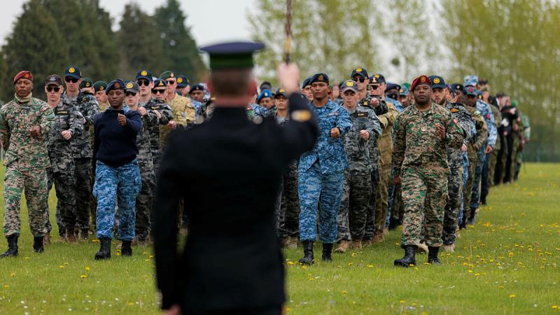 Australia's Federation Guard members join the march during a rehearsal for the Coronation of His Majesty The King, at RAF Odiham, UK. Photos: Sergeant Andrew Sleeman