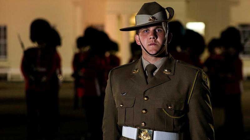 Australian Army Gunner Adam Leclerc with Australia’s Federation Guard prior to rehearsal for the Coronation of The King, at Wellington Barracks, London. Photos: Leading Aircraftwoman Emma Schwenke