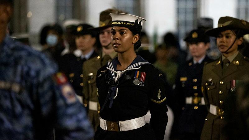 Able Seaman Tammy Vaughn from the Australia’s Federation Guard during a rehearsal for the Coronation of His Majesty The King, at Buckingham Palace, UK. Photo: Leading Aircraftwoman Emma Schwenke.