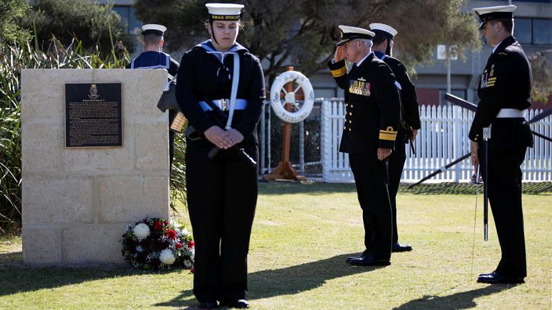 Commander Australian Fleet Rear Admiral Christopher Smith, salutes after laying a wreath during the HMAS Westralia 25 year Memorial Service at HMAS Stirling, WA. Photos: Able Seaman Rikki-Lea Phillips