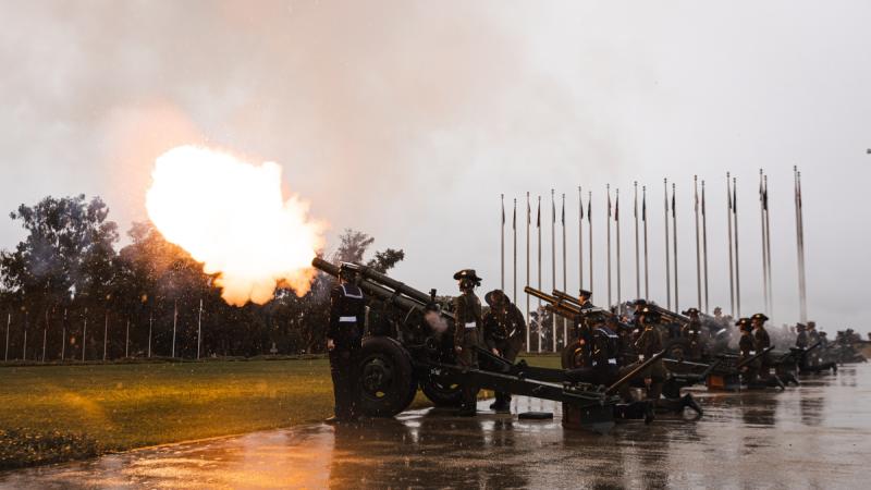 Australia’s Federation Guard conduct a national 21 gun salute to honour the Coronation of Their Majesties King Charles III and Queen Camilla, on the Forecourt of Parliament House, Canberra. Photos: Leading Aircraftman Adam Abela.