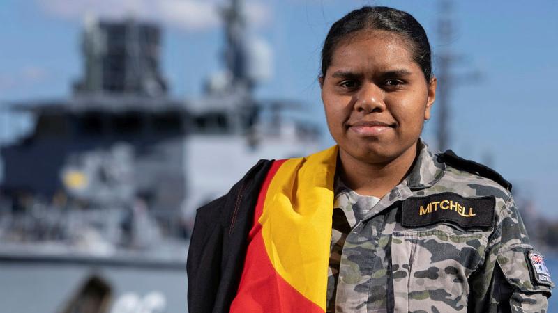 Able Seaman Elly-May Mitchell represents her Indigenous heritage for Reconciliation week at HMAS Waterhen, NSW. Photo: Able Seaman Benjamin Ricketts.