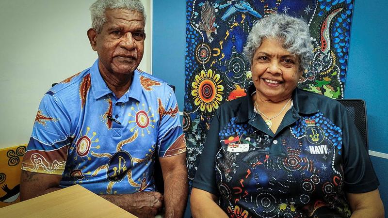 Uncle Phillip Bowie and Aunty Fran Visini are the Navy Indigenous Development Program’s first Navy Indigenous Elders and provide cultural support for the recruits and staff at HMAS Cairns in Queensland. Photo: Lieutenant Commander Christopher Thornton