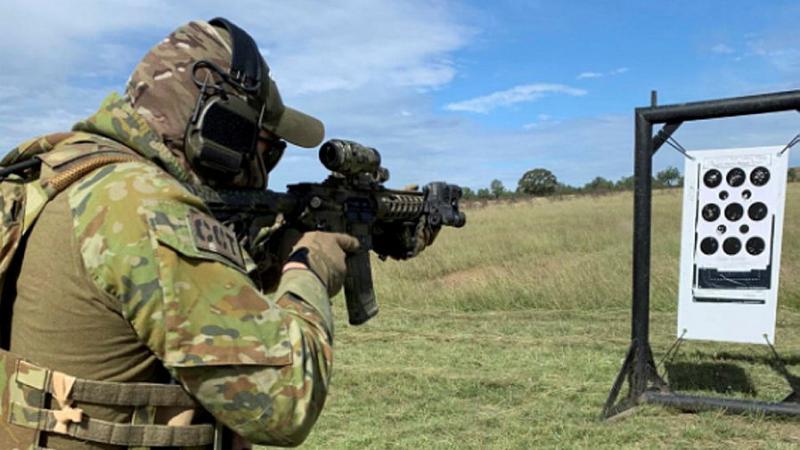 RAAF aviator from 4 Squadron Combat Controller practices Enhanced Combat Shooting skills at Singleton Military Training Area, NSW.