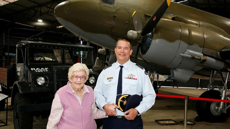 Senior Australian Defence Force Officer Amberley, Group Captain Dennis Tan, escorts Ms Jean Jackson around the Amberley History and Heritage Centre at RAAF Base Amberley. Photo: Sergeant Peter Borys