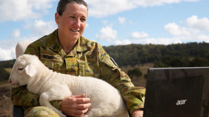 Australian Army soldier Sergeant Pam Newlin with a lamb on her lap as she works from home on the family farm at Big Hill, New South Wales. Photos: Corporal Luke Bellman