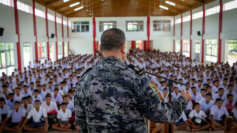  RAN Chaplain Simote Finau addresses students of the Kolisi Tonga College, during Operation Solania. Photos: Leading Aircraftman Chris Tsakisiris