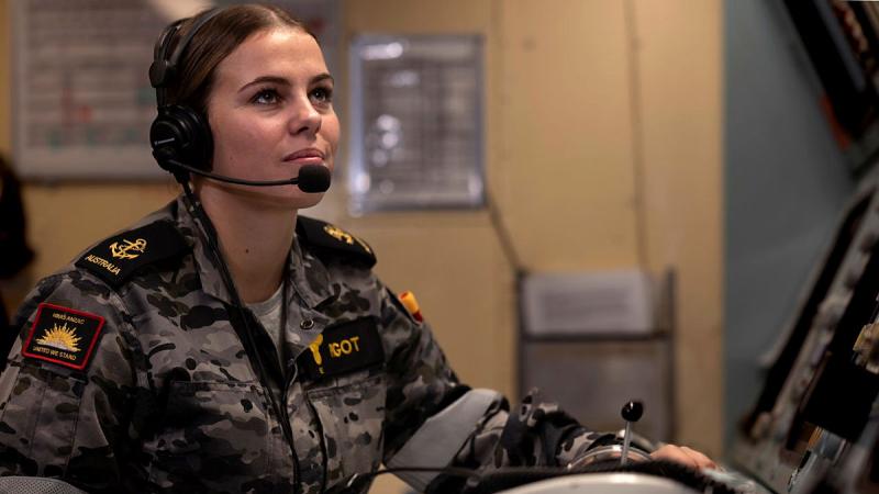 Leading Seaman Marine Technician Ginger Pigot monitors HMAS Anzac’s machinery control room displays during a regional presence deployment. Photos: Leading Seaman Jarryd Capper