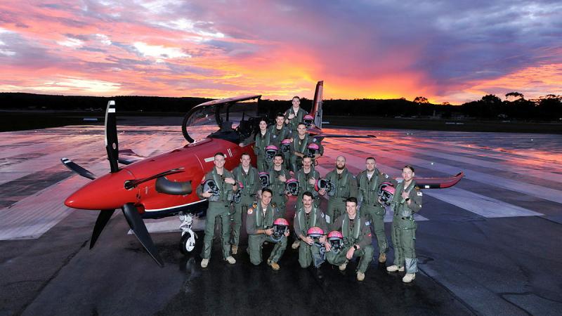 269 ADF Pilots’ Course members with a Pilatus PC-21 aircraft at RAAF Base Pearce in WA. Photos: Chris Kershaw