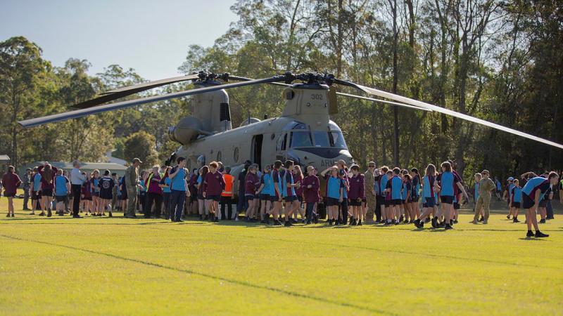 Students from Beerwah State High School get up close to an Australian Army CH-47 Chinook from 5th Aviation Regiment. Photos: Corporal Michael Rogers