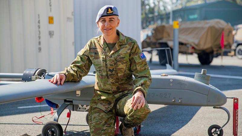 Sergeant Carly Box, from Headquarters 16th Aviation Brigade with a Shadow Tactical Uncrewed Aerial System at 20th Regiment, Royal Australian Artillery at Enoggera Barracks, Queensland. Photo: Corporal Michael Rogers