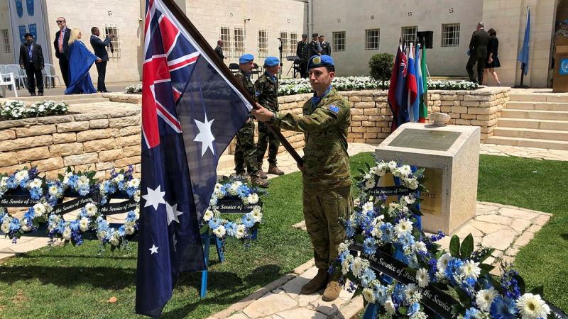 Major Andrew Moses as the Australian flagbearer for the 75th anniversary to the United Nations Truce Supervision commemorative event in Jerusalem, Israel.