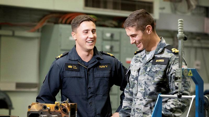 Engineering officer trainees Royal New Zealand Navy Sub-Lieutenant Aron Mago, left, and Royal Australian Navy Sub-Lieutenant Jarad Barber at HMAS Cerberus’ technical training faculty. Photo: Petty Officer Nina Fogliani