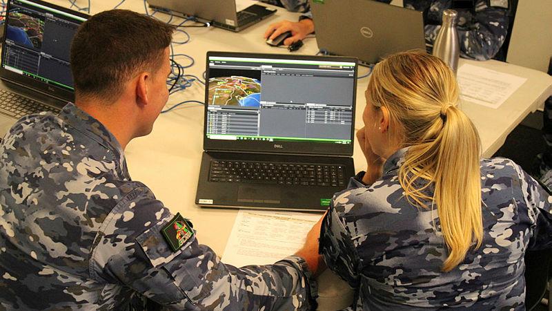  Flying Officers Nicholas Martin and Sarah Wickham use the I-Sim laptop simulation system during an Integrated Air and Missile Defence course – delivered by the US’ Joint Ballistic Missile Defense Education and Training Center. Photo: Squadron Leader Carlos Molina
