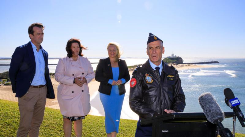 Head of Air Shows Air Commodore Micka Gray announces the Air Force Newcastle Williamtown Air Show 2023 during a media conference at Fort Scratchley, Newcastle, with Port Stephens Council General Manager Tim Crosdale, left, Federal Member for Patterson Meryl Swanson and Lord Mayor of Newcastle Nuatali Nelmes. Photo: Corporal Craig Barrett  
