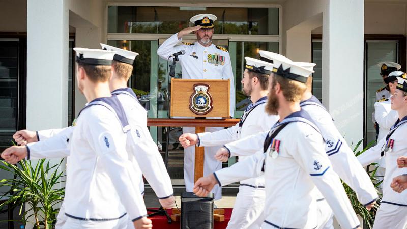 Commander Mine Warfare, Clearance Diving, Hydrographic, Meteorological, Oceanographic and Patrol Force, Captain Simon Cannell, salutes as the ships company of ADV Cape Naturaliste march past during a Homeporting ceremony at Larrakeyah Defence Precinct, Darwin. Photos: Leading Seaman Leo Baumgartner