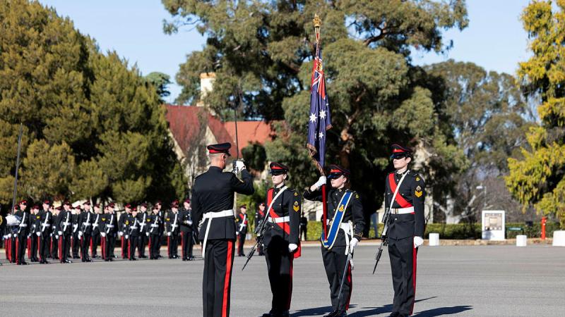 The King's Colours are marched onto the parade ground during the King's Birthday Parade at the Royal Military College - Duntroon in Canberra. Photos: Sergeant Jake Sims