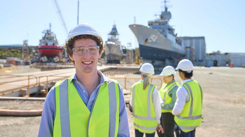Defence Industry Pathways Program trainee Jack Morris take part in a work placement in Henderson, WA.