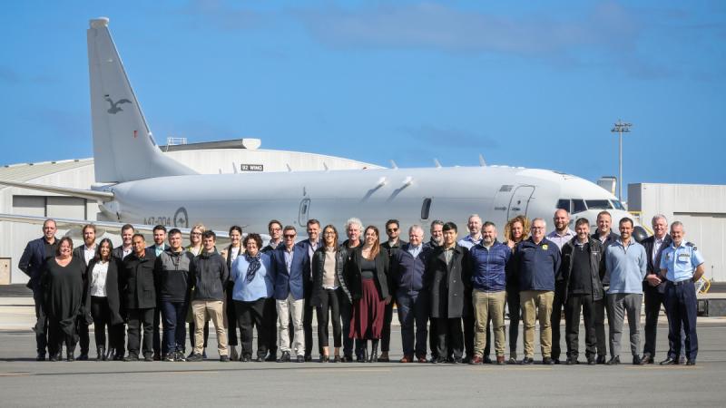 Participants of the Defence Teaming Centre's Defence Industry Leadership Course 2023 on the flightline at RAAF Base Edinburgh. Photo: CPL Brenton Kwaterski