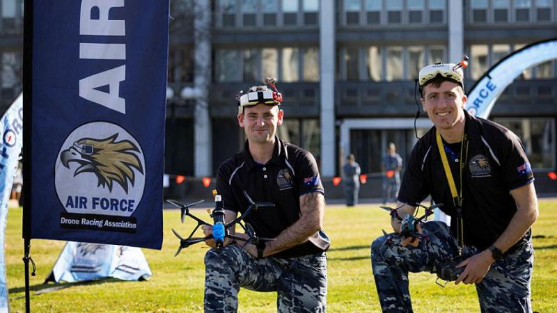 Flight Lieutenant Jake Dell-O’Sullivan and Flight Lieutenant Nicholas Eberl, at the Air Force Drone Racing Association expo day at Russell Offices, Canberra